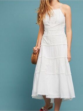 Anthropologie White Tiered Eyelet Midi Sundress